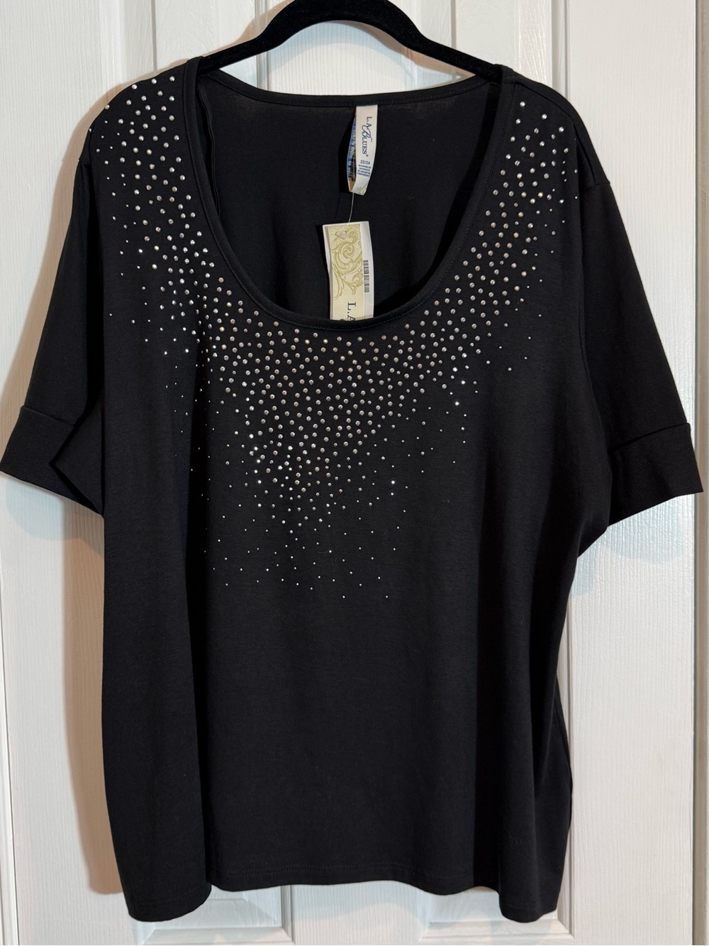 L.A. Blues Black Short-Sleeve Scoop Neck Top with Silver Studs